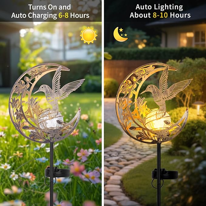 Solar Hummingbird Lights Outdoor Decor - Moon & Bird SolaGardenLights Waterproof, Auto On/Off Pathway Lighting for Yard/Lawn/Patio, Handcrafted Metal Solar-Stake-Lights for Outside Decorations ShangTianFeng