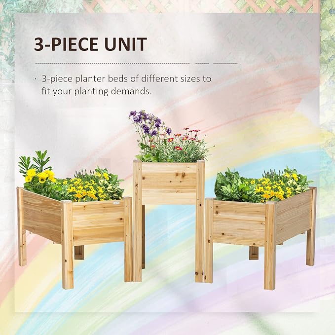 Outsunny Raised Garden Bed Set of 3, Wooden Elevated Planter Box with Legs and Bed Liner, for Backyard and Patio to Grow Vegetables, Herbs, and Flowers, Natural Outsunny