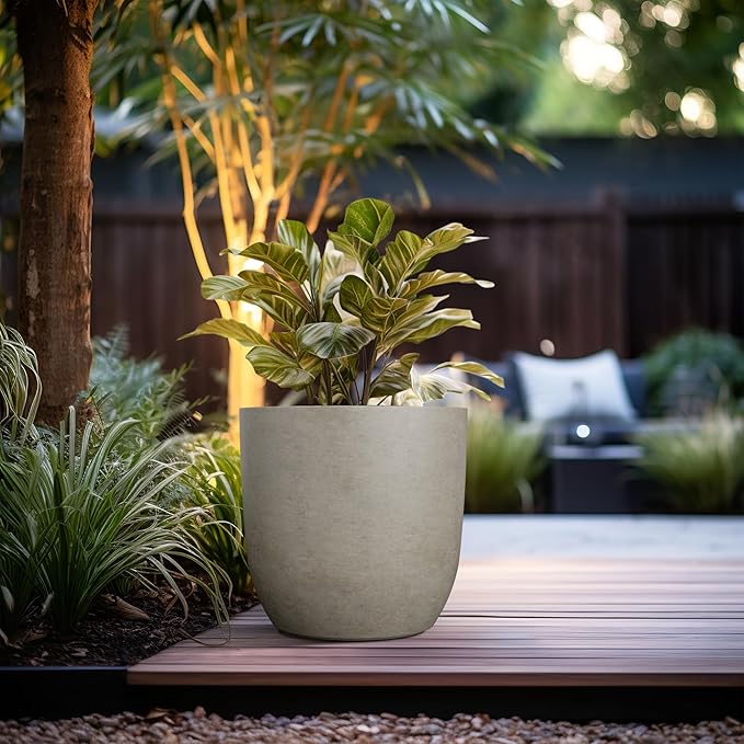 Kante 16.5" Dia Round Concrete Planter, Large Outdoor Modern Indoor Decorative Plant Pots with Drainage Hole and Rubber Plug for Home and Garden, Weathered Concrete Kante