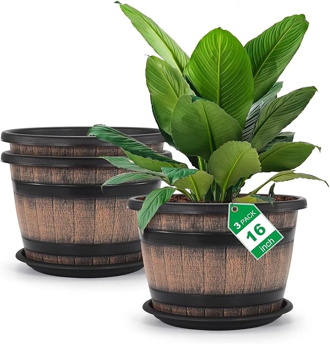 Quarut Large Plastic 3 Pack16 inch Plant Pots,Whiskey Barrel Planters with Drainage Holes & Saucer.Flower Pots Imitation Wine Barrel Design for Indoor & Outdoor Garden Balcony Plants.7 Gallons(Brown) Quarut