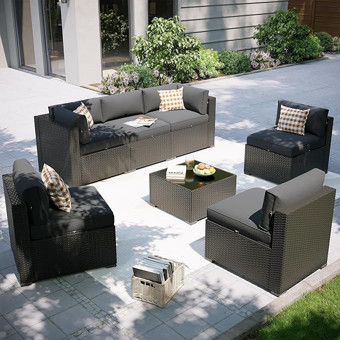 Aoxun Patio Furniture Set, 7 Piece Outdoor Sectional Sofas with Waterproof Cover, Wicker Rattan Outdoor Furniture Patio Conversation Set for Backyard, Garden Dark Grey Aoxun