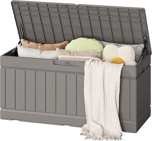 Flamaker Outdoor Storage Box 80 Gallon Resin Waterproof Deck Box Delivery Box with Wood Texture Large Storage Bin for Patio Cushions (Light Brown) Flamaker