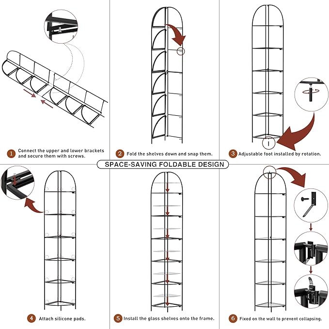 Crofy Foldable 6 Tier Corner Shelf, Metal Corner Plant Stand with Black Frame and Transparent Shelves, Corner Display Rack Multipurpose Shelving Unit for Living Room, Bedroom, Bathroom CrofyLLC