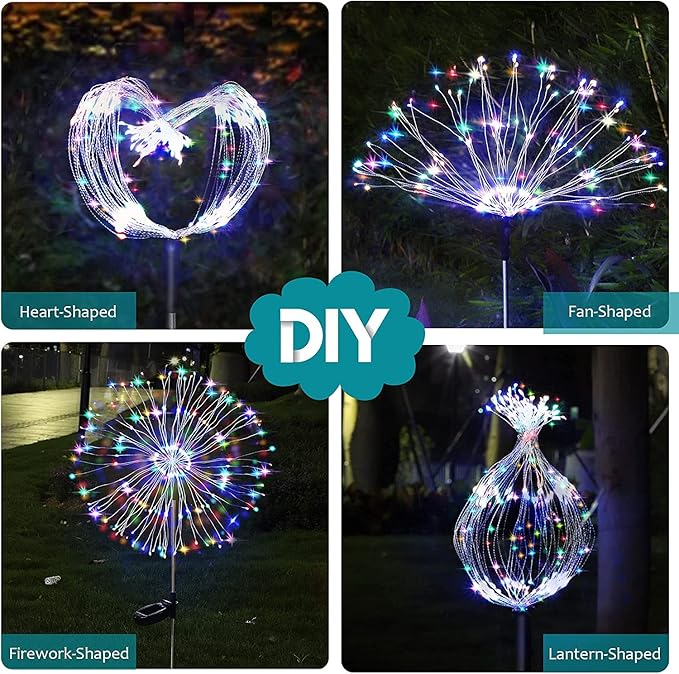 JJGoo Solar Firework Lights, 2 Pack 180 LEDs 2 Lighting Modes Solar Lights Outdoor Waterproof for Garden Patio Walkway Pathway Party Wedding Christmas Decorative - Colorful JJGoo
