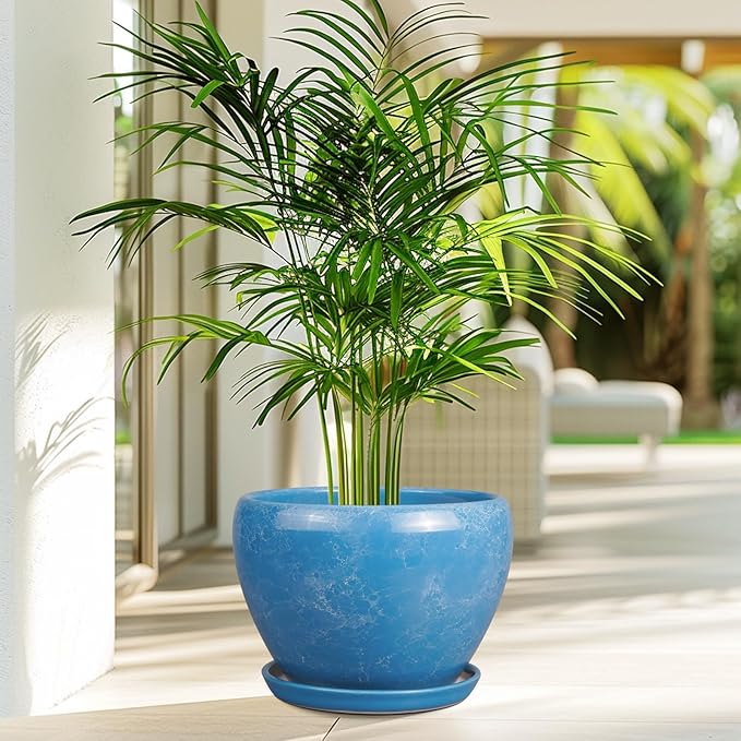 10 Inch Planter Pot - Ceramic Pots for Plants with Drainage Hole and Saucer, Round Large Flower Pot for Indoor Plants, Blue Ceramicfor