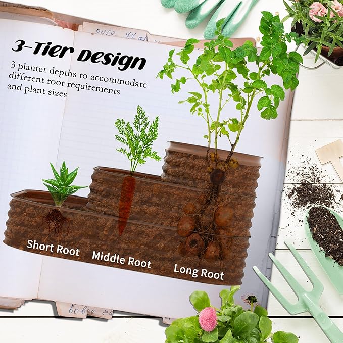 Outsunny 3-Tier Galvanized Steel Raised Garden Bed Kit, 62.25" x 43" x 32.25", 3 Combining Planter Boxes with Rubber Strip Edging, Open Bottom for Backyard, Garden, Patio, Brown Outsunny
