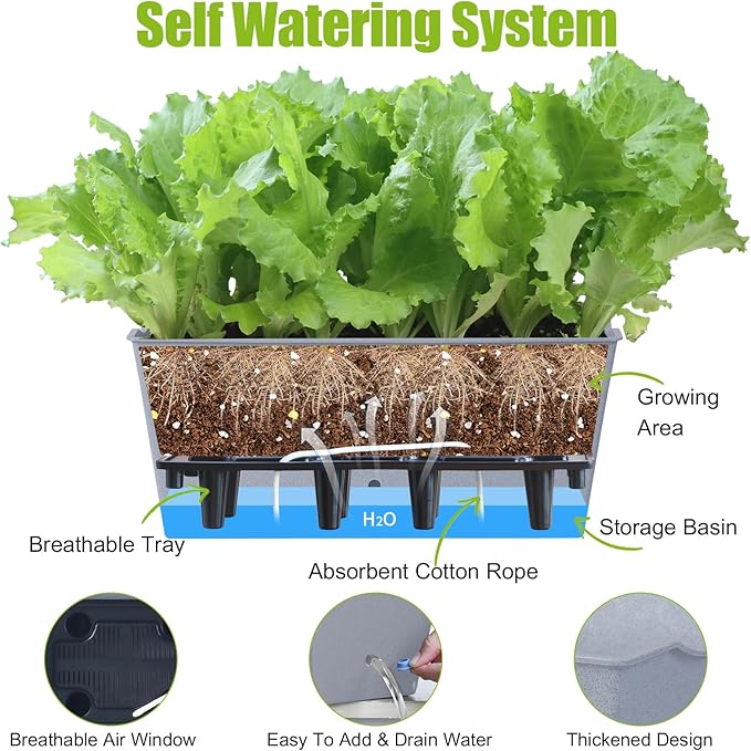 Window Box Planter 6 Pcs, 16.5 Inches Self Watering Rectangle Flower Plant Pots with Drainage Holes Trays, Vegetable Planters for Windowsill Patio Garden Balcony Porch Yard (Grey) Oliz