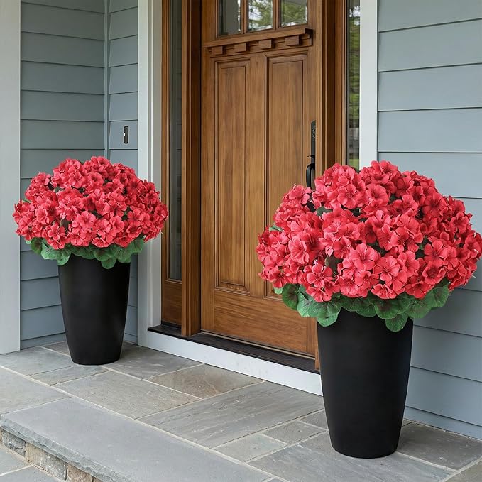 2 Pack Artificial Geranium Flowers Topitary Trees for Outdoors, UV Resistant Geraniums Potted Bushes Look Real Silk Faux Plants for Front Door Garden Porch Planter Farmhouse Home Decor (Red) GLIDLION