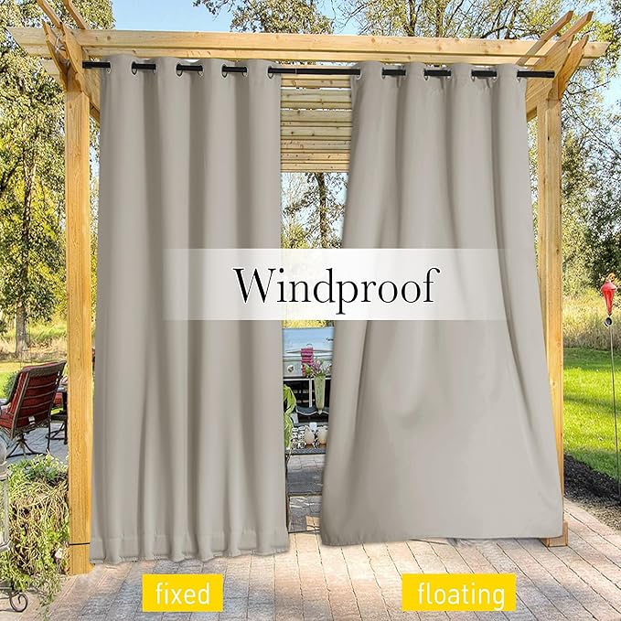 NICETOWN Outdoor Curtains for Patio Waterproof 108 inches Long 2 Panels, Windproof Thermal Insulated Top & Bottom Grommet/Back Tab Privacy Drapes with Rope for Gazebo, Natural, W52 x L108 NICETOWN