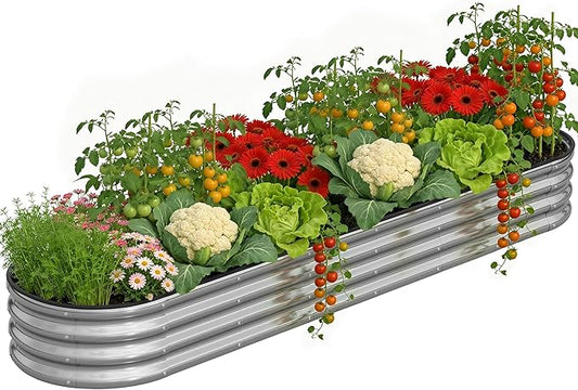 Galvanized Metal Raised Garden Bed Kit for Outdoor Planter Boxes with Easy Assembly,Oval Large Galvanized Gardening Raised Bed for Vegetables, Fruits, Flower (Silver, 8 * 2 * 1ft) Anmiro