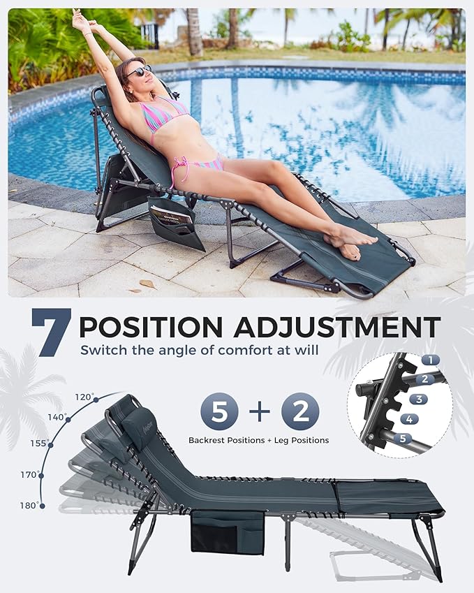KingCamp Tanning Chair with Face Hole, Lounge Chairs Outdoor Folding Comfy Adjustable 5-Position Foldable Chaise Chaser with Canopy Shade for Outside Beach Patio, Blue/Grey KingCamp
