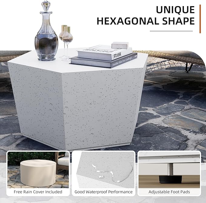 UPHA Outdoor Hexagon Coffee Table, Small Modern Minimalist Accent Tables, Low Light Concrete Center Table for Living Room, Outside Patio, Deck, 28×24.2×15.4, Off-White UPHA