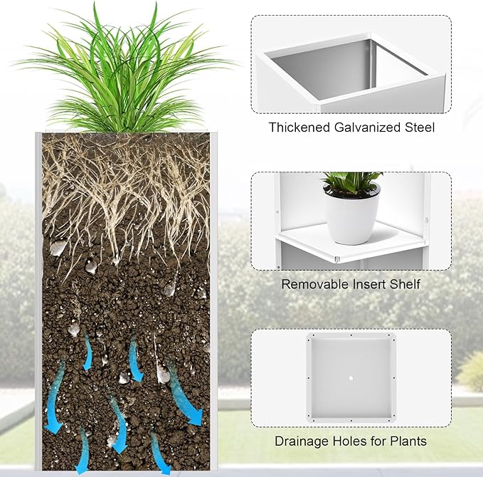 Galvanized Steel Metal Planter, 28 Inch White Square Outdoor Planters with Removable Insert Shelf and Drain Holes, Heavy Duty Flower Pot Modern Commercial Residential for Trees Patio Deck Yard Garden GradenHomeD%C3%A9corProducts