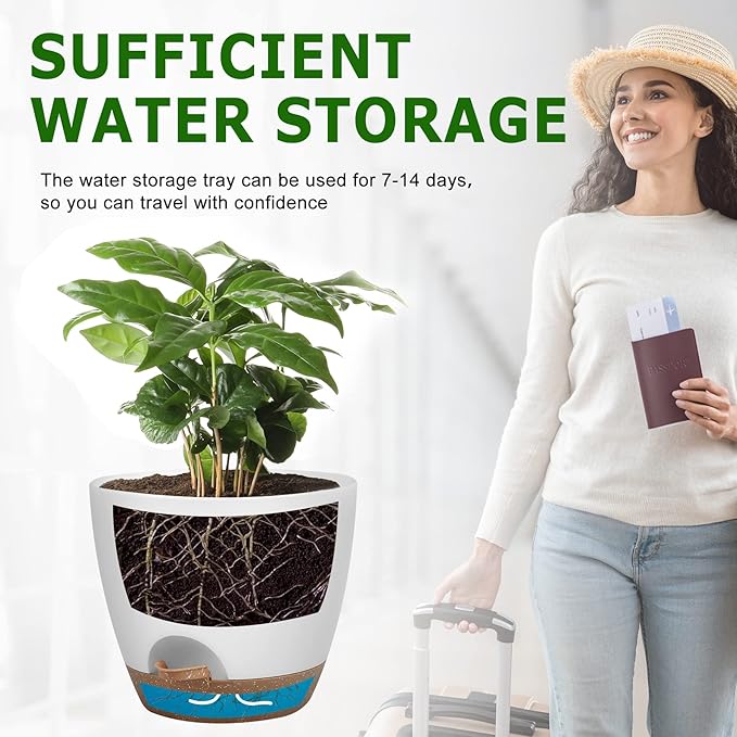 Plant Pots 10/9/8 Inch Self Watering Pots, Set of 3 Plastic Planters with Drainage Holes and Saucers,Plastic Flower Pots,Nursery Planting Pot for Indoor Out Door Plants（White） QRRICA