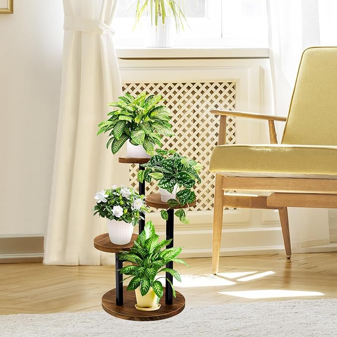GEEBOBO 3 Tier Plant Stand Indoor, Metal Wood Plant Stands For Indoor Plants Multiple, Corner Tiered Flower Plants Shelf Stand for Living Room Bedroom, Brown GEEBOBO