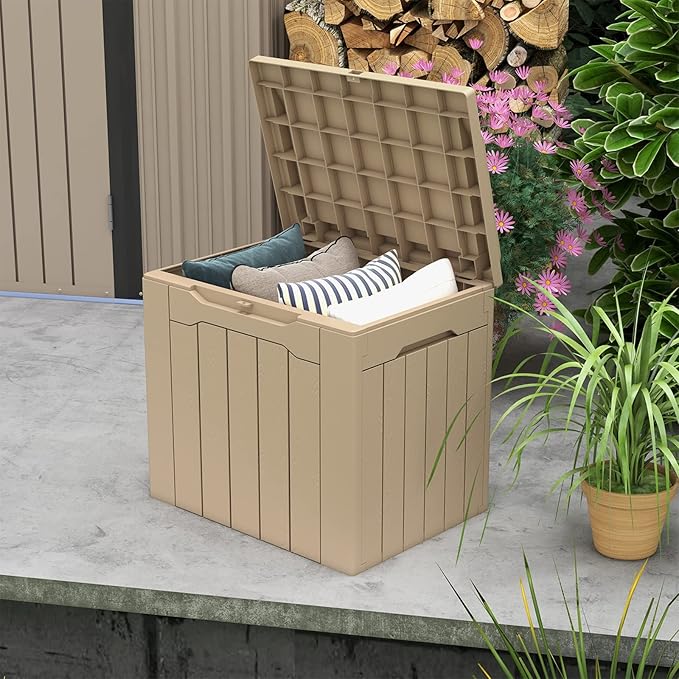 Patiowell 30 Gallon Resin Deck Box, Outdoor Storage Box for Patio Furniture, Deliveries, Pool Supplies,Waterproof and Lockable, Light Brown Patiowell