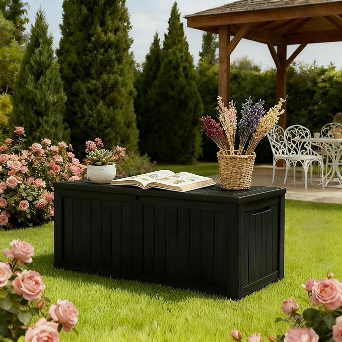 Outdoor Storage Box, Resin Deck Boxes Indoor and outdoor, Waterproof Storage Box Lockable Lid (Black,150 Gallon) NBYSGO