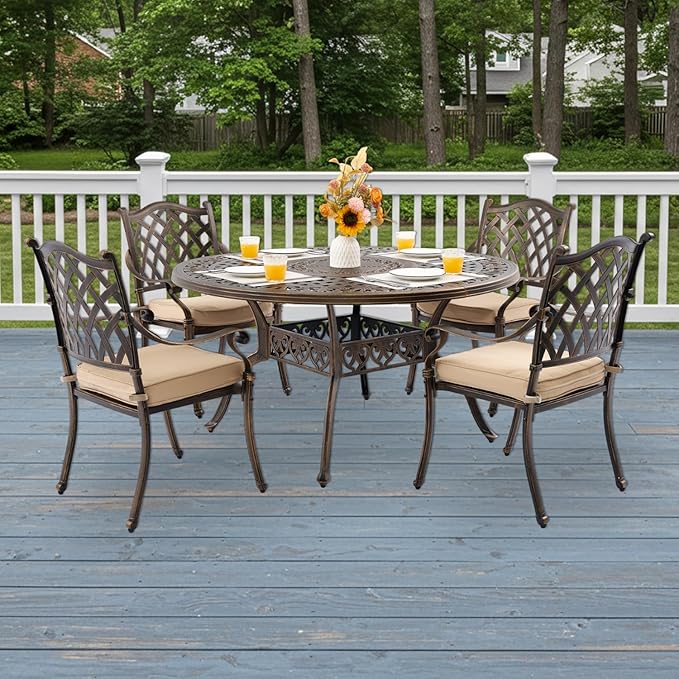 5-Piece Cast Aluminum Patio Furniture, Outdoor Dining Sets for 4 Include 54" Round Patio Dining Table and 4 Stackable Chairs with Cushions & Umbrella Hole (Bronze) Rootora