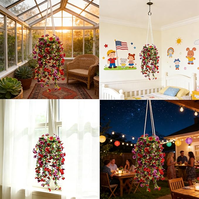 Artificial Flowers for Outdoors Fake Hanging Plants with Pot, 4pcs Silk Colorful Flowers UV Resistant Realistic Hanging Planter Faux Flower for Outside Porch Patio Home Garden Yard Decoration Comtelek