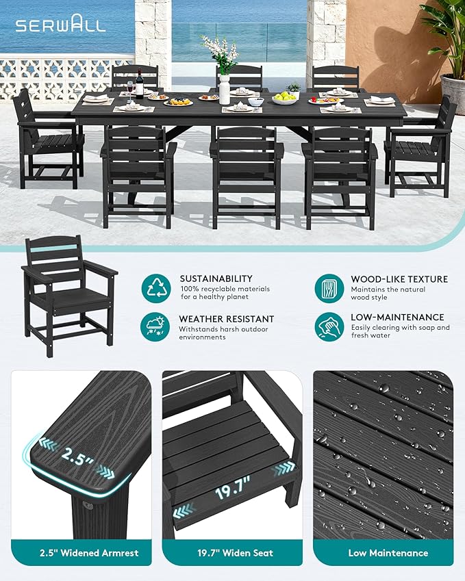 SERWALL 9 Piece Outdoor Dining Set, 84" HDPE Outdoor Table and Chairs for 8，All Weather Patio Furniture Set with Umbrella Hole for Backyard, Garden, Black SERWALL
