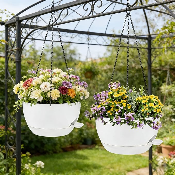 2 Pack 12 Inch Self Watering Hanging Planters for Indoor Plants, Large White Plastic Hanging Pots with Chains for Outdoor Patio Garden Home Decor White zople