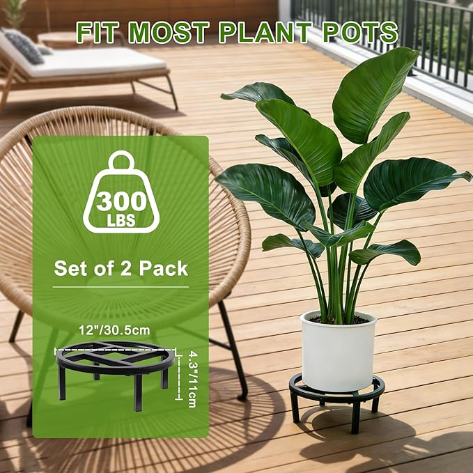 Metal Plant Stand Indoor Outdoor, Heavy Duty Plant Riser, Sturdy Flower Pot Holder Low Planter Stand, Single Flower Pot Stands, Modern Planter Stool for Indoor Plants (Black, 11.8"-2PCS) Rootora