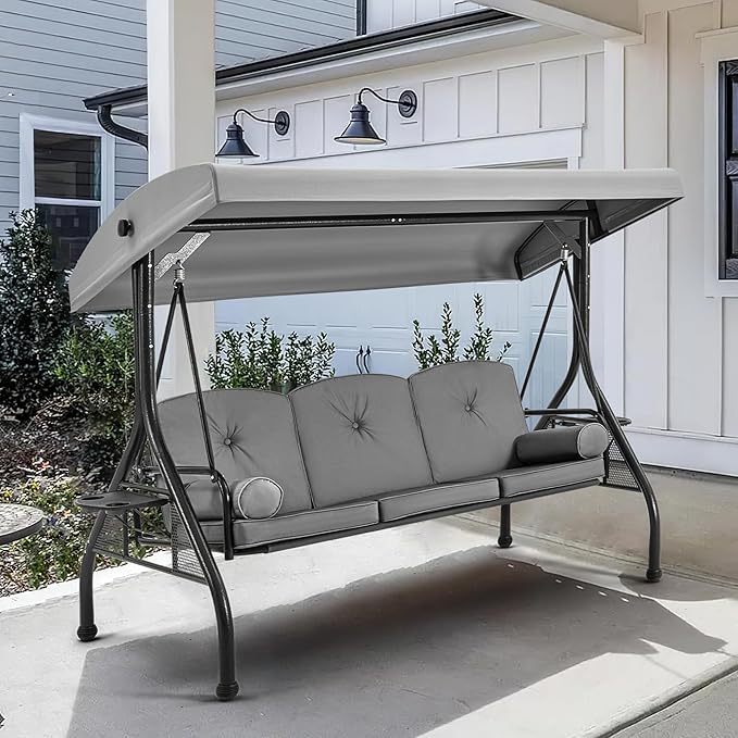 HOMREST 3 Seat Outdoor Porch Swing with 1.5" Deep Cup Holder, Adjustable Canopy,Patio Swing Bed with Stand, Patio Glider Swing with Thicken Cushions, Pillow（Grey） HOMREST