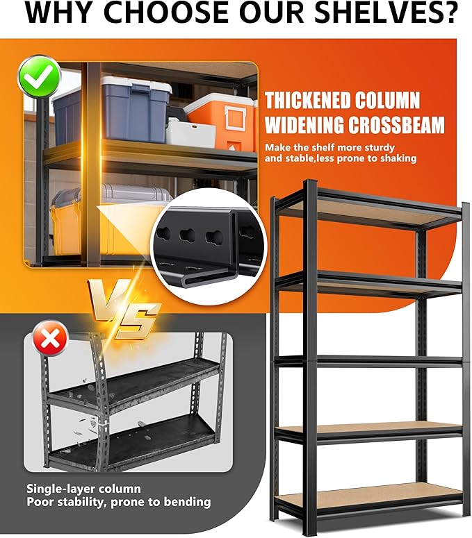 AOARGG Set of 2 Garage Shelving Heavy Duty Storage Shelves, Metal Adjustable Shelving Unit, Utility Garage Organizer Shelf for Basement, Pantry, Kitchen, Warehouse, 19.7" Dx45.6 Wx78 H, Black Rootora