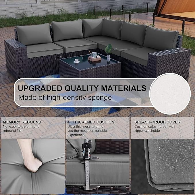 Kullavik 6PCS Outdoor Patio Furniture Set PE Wicker Rattan Sectional Sofa Patio Conversation Sets,Grey KULLAVIK