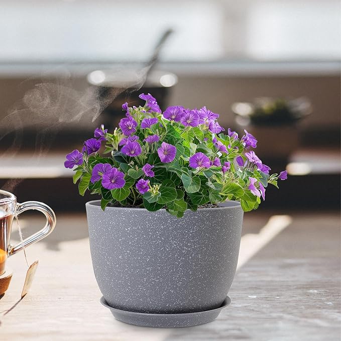Plant Pots 12 inch, Plastic Planters with Drainage Holes and Saucers, Large Flower Pots for Indoor Outdoor Plants, Modern Decorative Pots for Garden House Plants, Speckled Grey Meowell