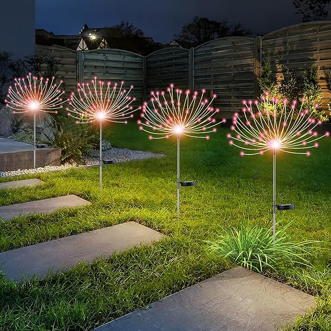 YOTOZU 4 PCS Solar Firework Light, Outdoor Solar Garden Decorative Lights 120 LED Powered 40 Copper Wires String DIY Landscape Light for Walkway Pathway Backyard Decoration Parties Perfect Gifts(Pink) YOTOZU