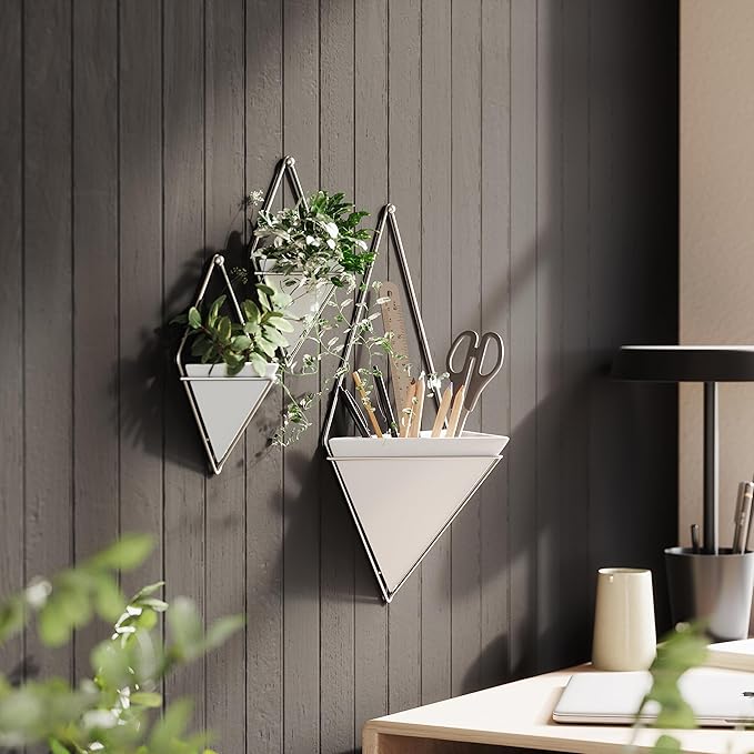 Umbra Trigg Hanging Planter Vase Wall Decor, Set of 2 Pots Containers for Succulents, Cactus, Faux Plants, and More, Small, White/Nickel Umbra