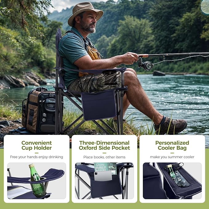 ALPHA CAMP Heavy Duty Camping Chair 500LBS Capacity, Oversized Folding Chair for Heavy People, Padded Portable Outdoor Chair with Cooler Bag & Cup Holder for Camping, Fishing, Beach ALPHACAMP
