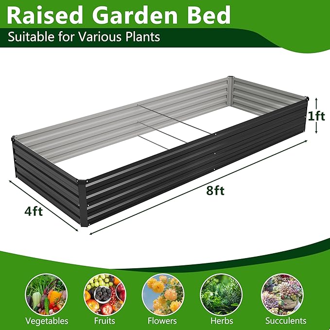 2PCS 8x4x1ft Galvanized Raised Garden Bed Kit,Metal Planter Box for Vegetables,Flowers,Herbs Durable Rust-Resistant Patio Gardening Beds,Black Henshwon