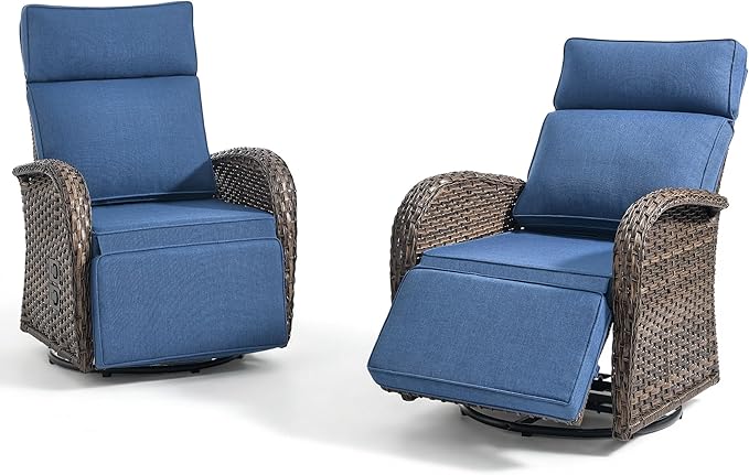 Zero Gravity Patio Swivel Rocking Recliner Chairs Set of 2 - Wicker Outdoor Lounge Chair with Adjustable Backrest & Footrest, All Weather Reclining Rocker Chairs with Thick Cushion for Pool Deck Blue JelwalyPatioFurnitureSet