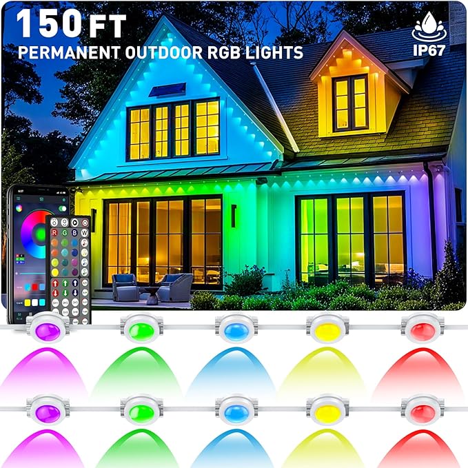 150FT Permanent Outdoor RGB Lights - Waterproof Smart LED Eaves Lights with App/Remote Control, Music Sync & DIY Scenes, Perfect for Christmas, Halloween, Parties & Daily Decor, Ideal for House Roof Rootora