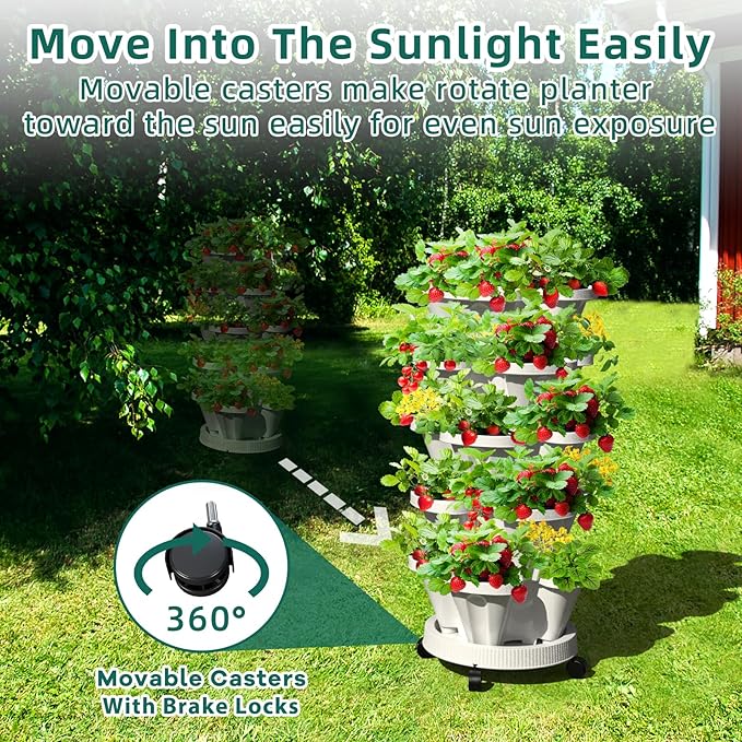 Strawberry Vertical Planter Tower Garden, 7 Tiered Stackable Planter Herb Garden Planter with Movable Casters and Bottom Saucer Indoor and Outdoor - White Tectsia