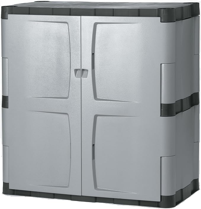 Rubbermaid Freestanding Storage Cabinet with Doors 18"D x 36"W x 37"H Medium Gray/Black Two-Shelf Lockable Cabinet for Indoor/Outdoor/Garage Storage for Garden Tools/Lawn Care Accessories Rubbermaid