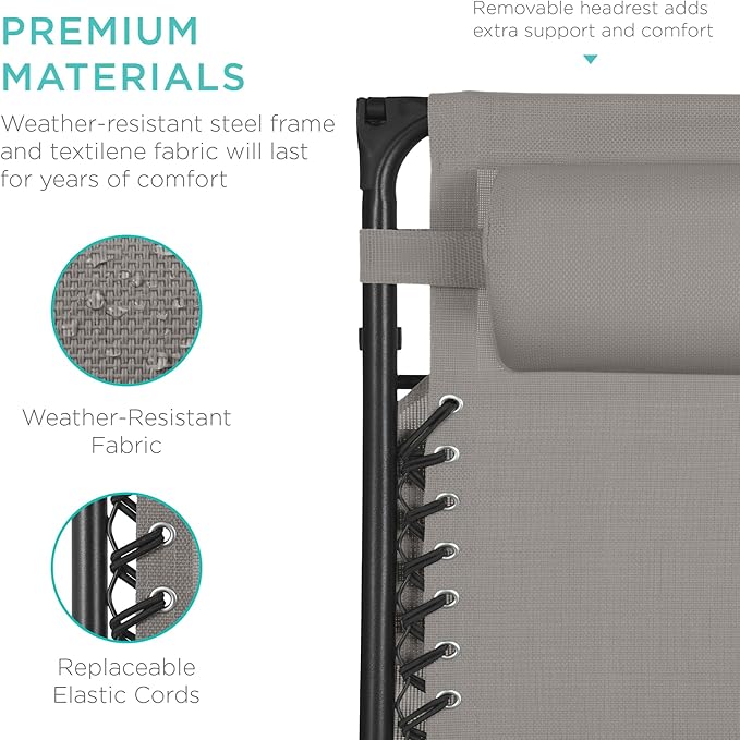 Best Choice Products 30” Wide Folding Zero Gravity Outdoor Recliner Patio Lounge Chair w/Adjustable Canopy Shade, Headrest, Side Accessory Tray - Ice Gray BestChoiceProducts