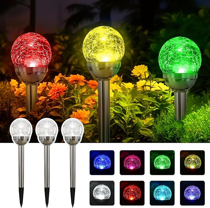 SOLPEX Solar Garden Lights Outdoor, 3 Pack Multi-Color Changing&White 2 Modes Solar Powered Glass Ball Garden Lights Waterproof for Patio Decoration Solpex