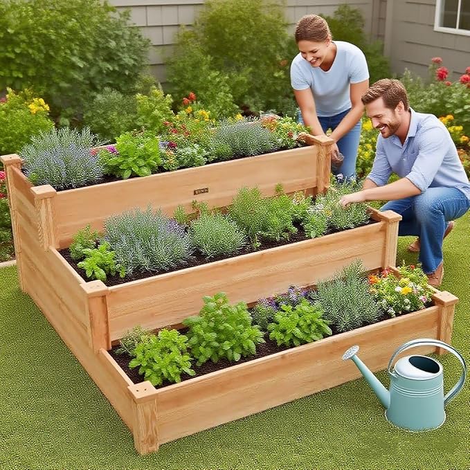 3-Tier Raised Garden Bed with Fabric Liner, Wood Elevated Planter Box with Dovetail Joint Design, 3 Dividable Bed Kit for Vegetables/Herbs/Flowers, Outdoor Gardening for Patio, Lawn, Balcony ZSYWODFO