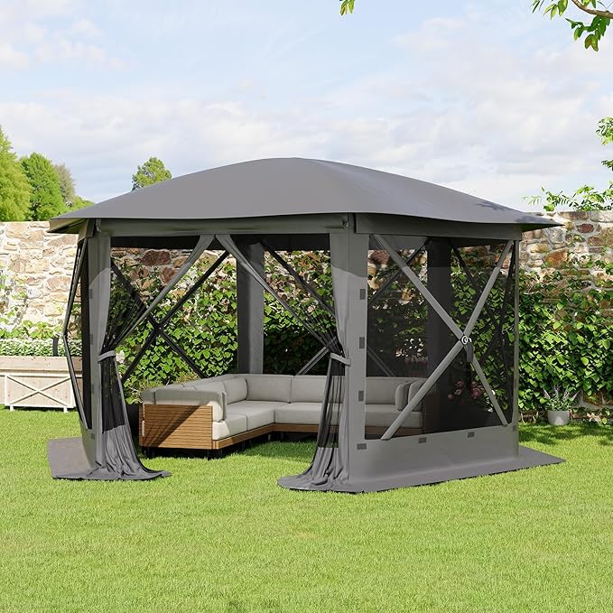 13x13FT 6-Sided Pop Up Gazebo Tent，One-Push Setup Canopy Tent with Removable Canopy Top & Wind Cloths, Outdoor shelter for Camping, Backyard Parties, Outdoor Events - Grey GarveeLife