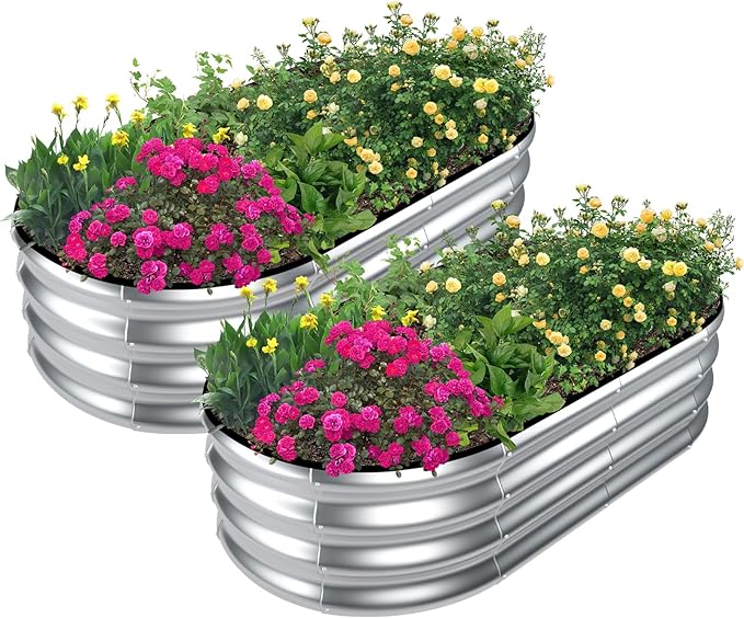 SnugNiture Galvanized Raised Garden Bed Outdoor, 2 Pcs 4x2x1ft Oval Metal Planter Box for Planting Plants Vegetables, Silver snugniture