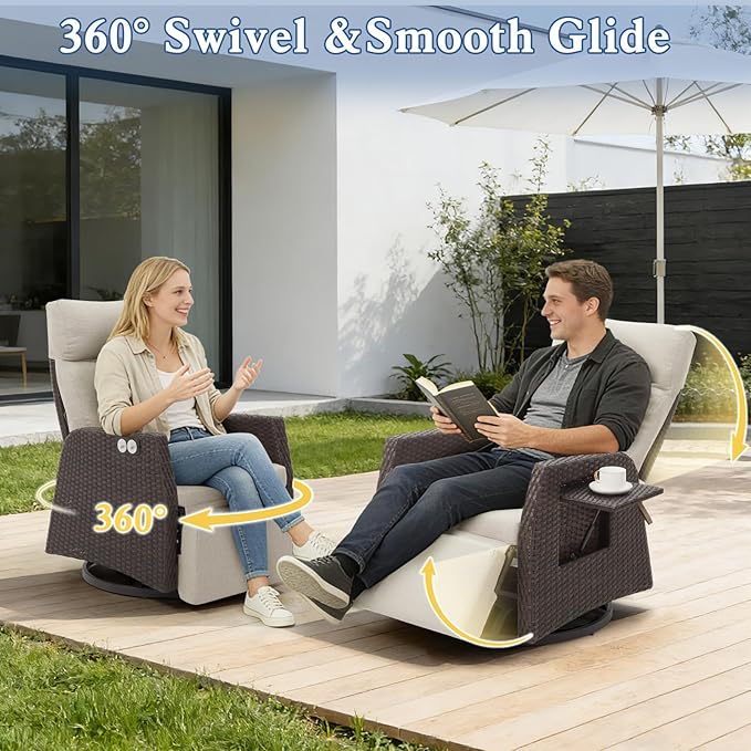 Adjustable Outdoor Recliner Chair with Independent Backrest & Footrest, Patio Swivel Recliner Chair, Wicker Reclining Patio Chair w/Flip-Up Table, 155° Lay Flat Chaise Lounge, Beige, 2PCS Rootora