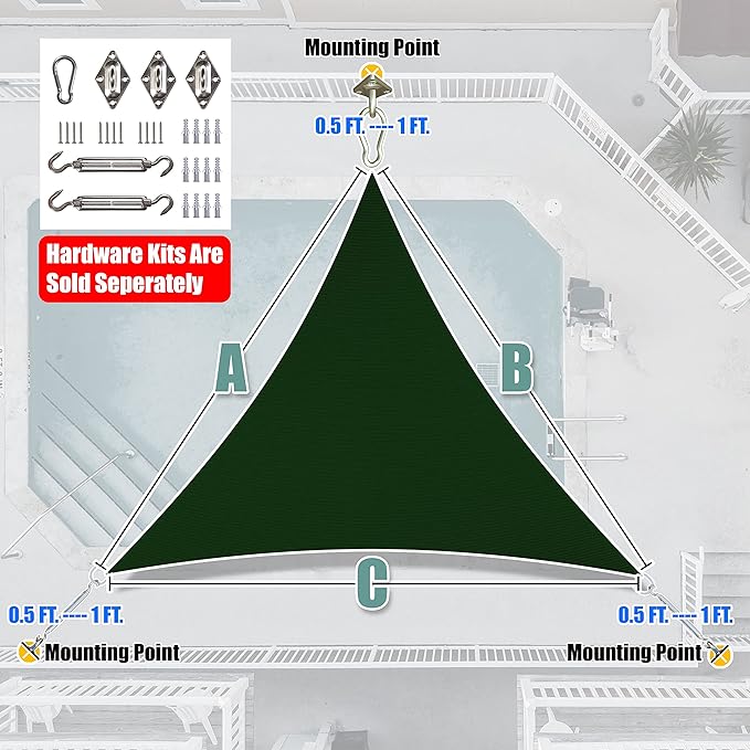 Amgo Custom Size 12' x 12' x 12' Green Triangle Sun Shade Sail Order to Make Canopy Awning UPF50+ AGSLT, 95% UV Blockage, Water & Air Permeable, 200GSM Commercial Standard (We Customize) Amgo