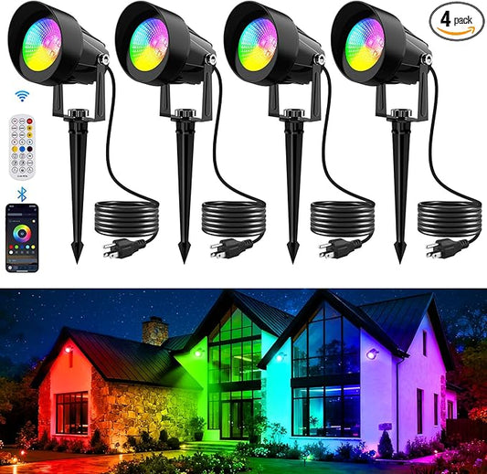 RGB Color Changing Spotlights Outdoor, LED Landscape Lighting with Remote/APP Control, Music Sync & Timing Mode, IP65 Waterproof Outdoor for Yard Garden Pathway Christmas Halloween, 4 Pack TSUNESLUX