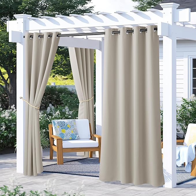 NICETOWN 2 Panels Outdoor Curtains for Patio Waterproof, Rustproof Grommet Cold & Light Blocking Drapes Thermal Insulated Indoor Outdoor Window Treatments for Pergola, Natural, W52 x L72 NICETOWN