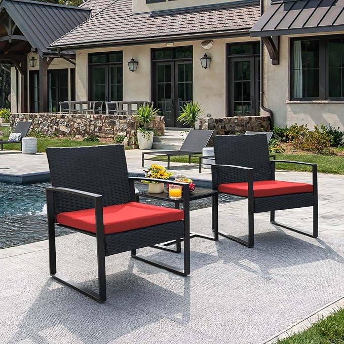 Flamaker 3 Pieces Wicker Patio Furniture Outdoor Modern Rattan Chair Conversation Sets with Coffee Table for Yard and Bistro (Red) Flamaker
