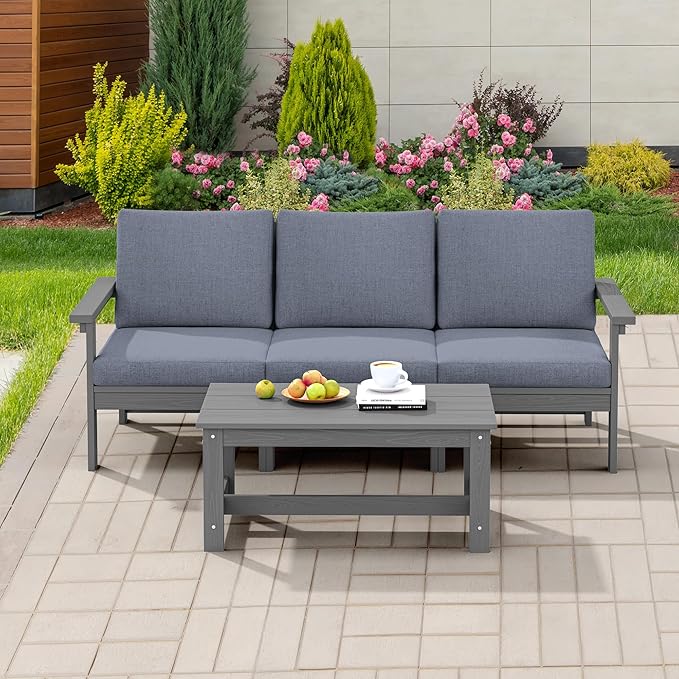 SERWALL HDPE Patio Sofa Set, 4-piece Sectional Outdoor Furniture Set, All Weather Outdoor Couch Set Patio Furniture Set for Deck, Lawn, Grey Frame with Grey Cushion SERWALL