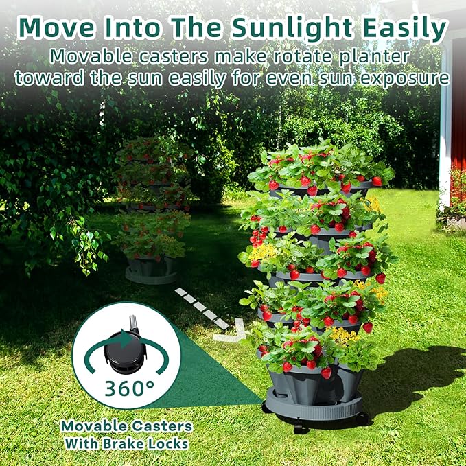 7 Tiered Strawberry Vertical Planter 2 Pack, Stackable Tower Garden Planter Herb Garden Planter with Movable Casters and Bottom Saucer Indoor and Outdoor - Dark Grey Tectsia